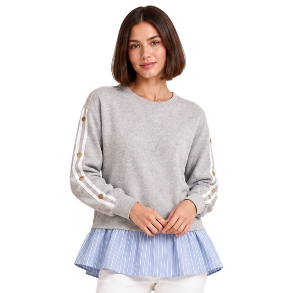 NWT Maeve Anthropologie XS Gray Mixed Media Striped Ruffle Sweatshirt Preppy